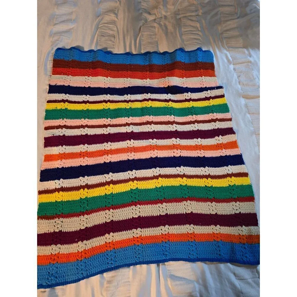 Vintage Handmade Colorful Stripes Knit Crochet Throw Blanket